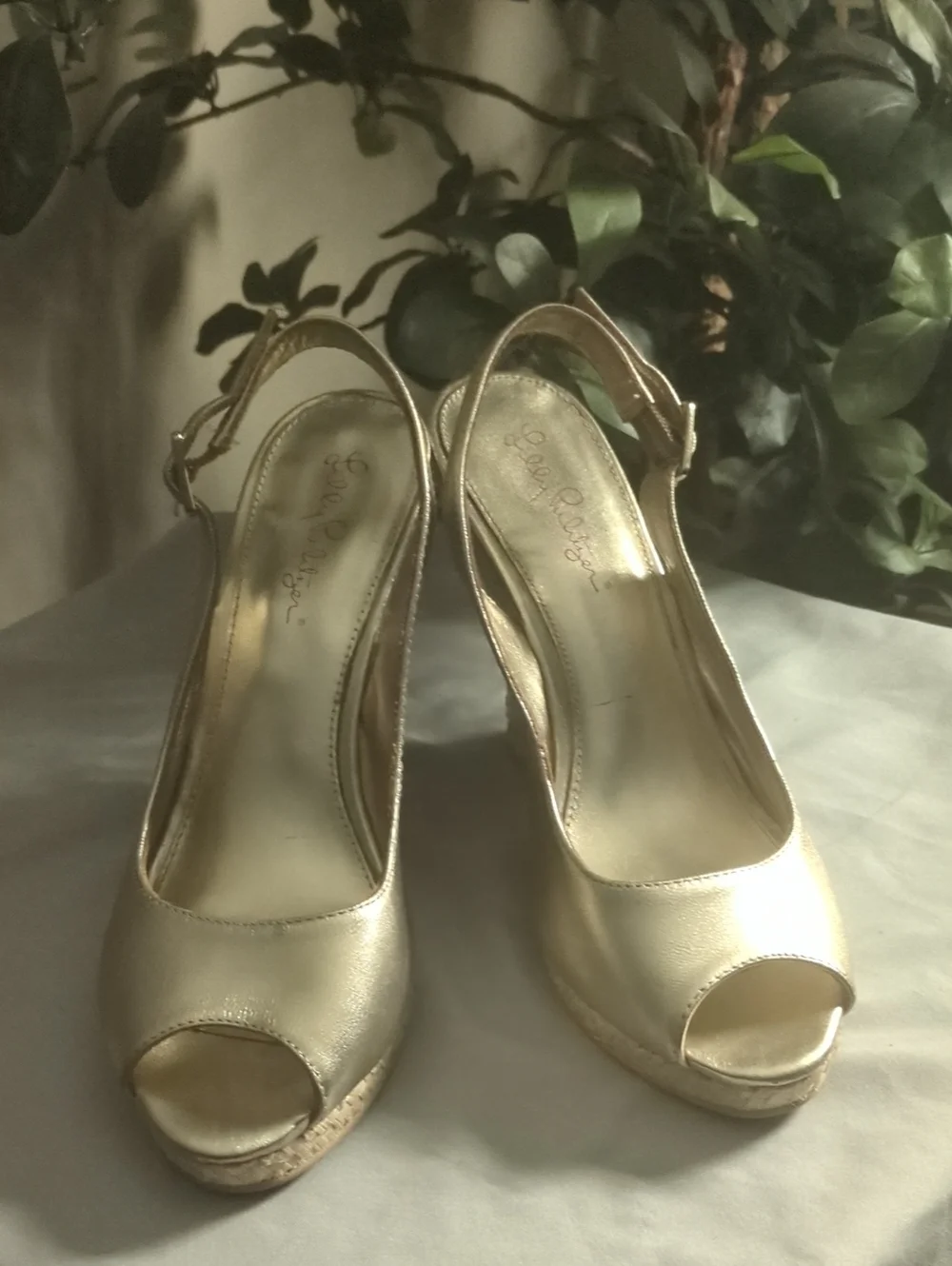 Lilly Pulitzer Gold Peep-Toe Wedge Slingback Heels